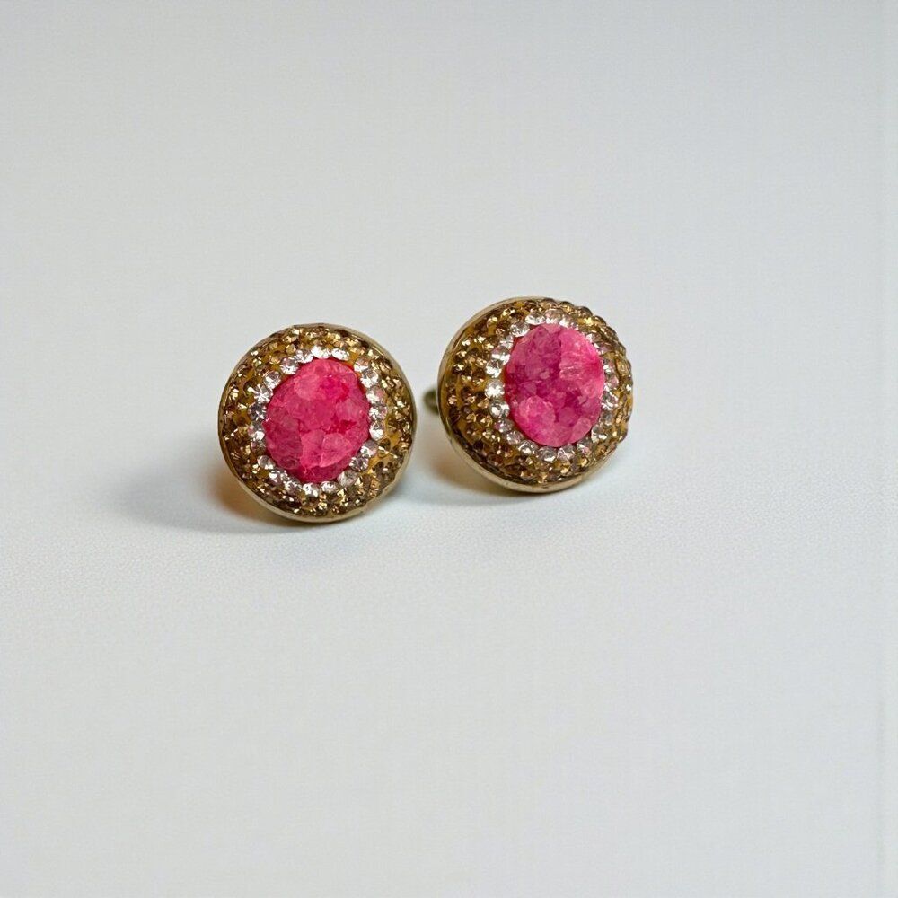 Pink Druzy Stud Earrings Gold Pave Rhinestone 18mm Statement Sparkle New